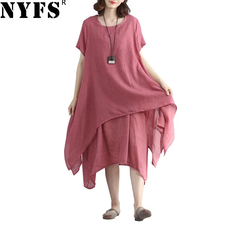 

NYFS 2019 New Summer dress Cotton Linen Ladies Women Dresses Irregular printing Fake two piece long dress Female Vestidos Robe