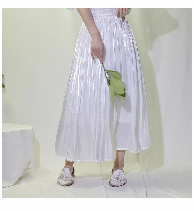 Шелковая сатиновая Длинная женская юбка, повседневная женская юбка, плиссированное шифоновое в Корейском стиле, пляжные летние юбки для женщин с эластичной талией