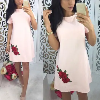 

Summer Fashion Rose Appliques Straight Loose Dress Woman O-neck Short Sleeve Casual Party Mini Dresses 7Q1487