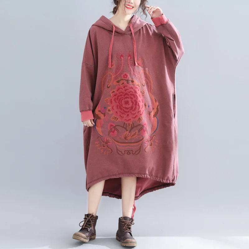 women dresses girl new do old printing hooded draw string dress long