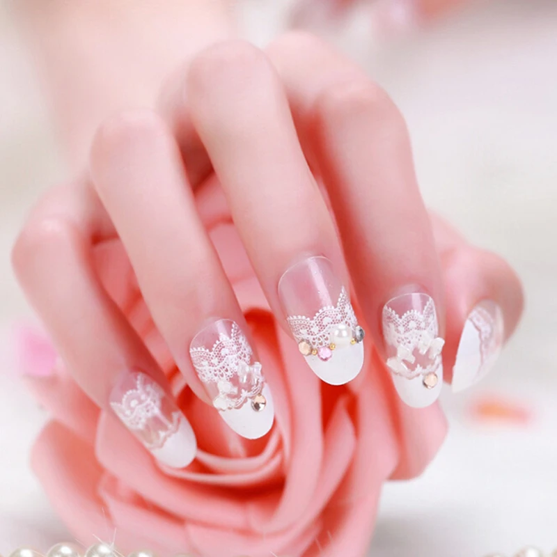 Новинка 24 шт белые кружевные накладные ногти Полный размер клейкие наклейки 3D Французский Стиль Свадебные маникюрные инструменты для ногтей