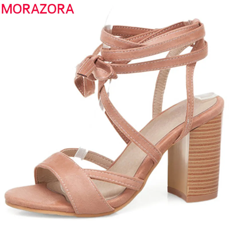 

MORAZORA 2019 wholesale big size 50 women sandals flock lace up summer shoes square high heels shoes sexy prom shoes woman