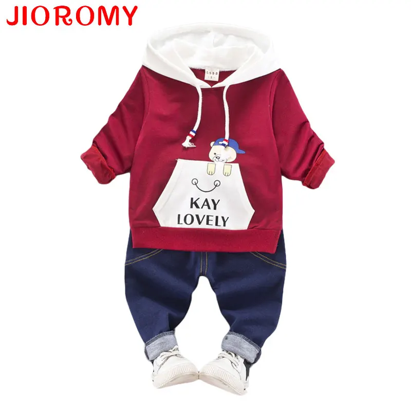 JIOROMY 2019 Boy Baby Suit Cartoon Bear Cap Hooded Shirt + Jeans Fashion Rest 2 Set Children's Clothes Pants Kids Red Green | Детская