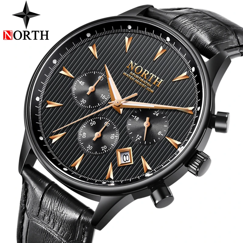 

Relogio Masculino Luxury Brand NORTH Men Watches Auto Date Chronograph Quartz Watch Men Leather Casual Sports Military Watches