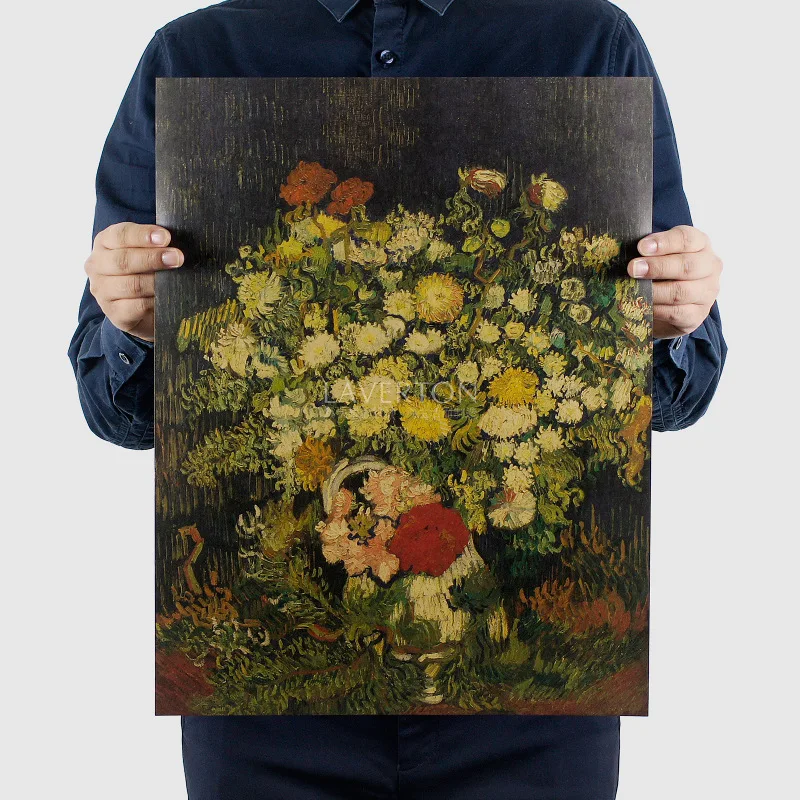 us 1 79 10 off van gogh oil painting 1094 flower bouquet kraft paper wall stickers bar poster retro poster decorative painting 47 36cm in wall flower bouquet brown paper