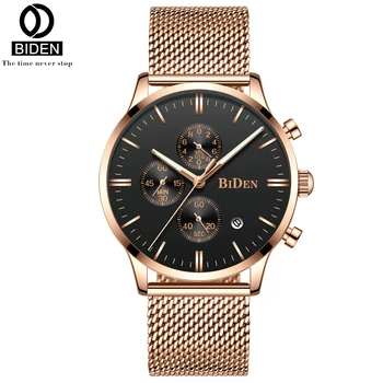 

BIDEN Dress Men Watch Steel Mesh Band Quartz Analog Wristwatch 3ATM Waterproof Curved Glass Blue Male Clock Relogio Masculino