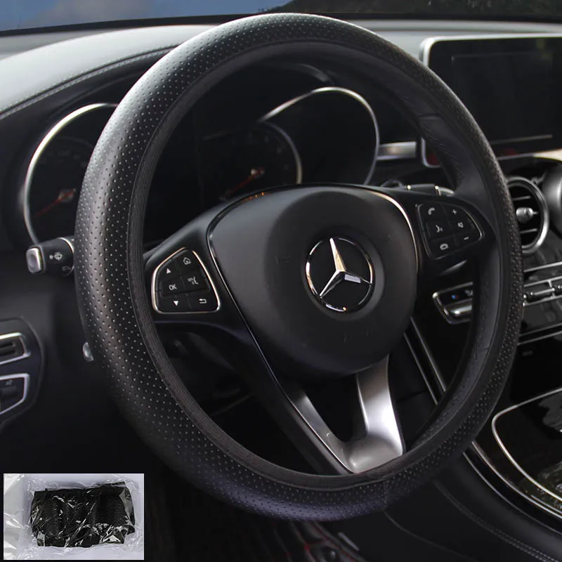 

KKYSYELVA Leather Auto Car Steering Wheel Cover 38CM/15'' Anti-catch Holder Protector Interior Accessories