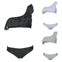 Womens Sexy Two Piece Bikini Set One Shoulder Pleated Ruffles Flounce Patchwork Crop Top Low Waist High Cut Thong Polka Dot Digi striped flounce bikini set