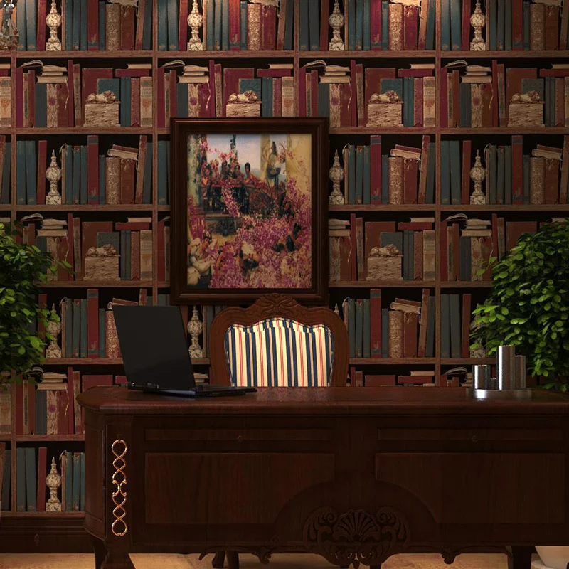 Online Whole Bookshelf Wallpaper From China American Retro Wallpaper Pattern Bookcase Bookshelf Stereo England Office Living Room Bedroom Den Backdrop