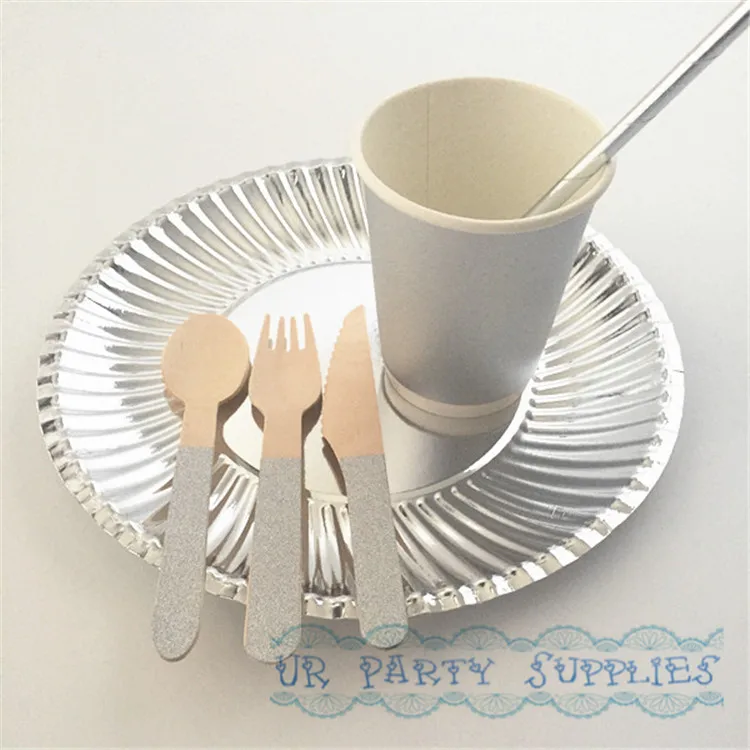 50 Sets Party Tableware Sets Soild Silver Foil Paper Straws Cups Plates