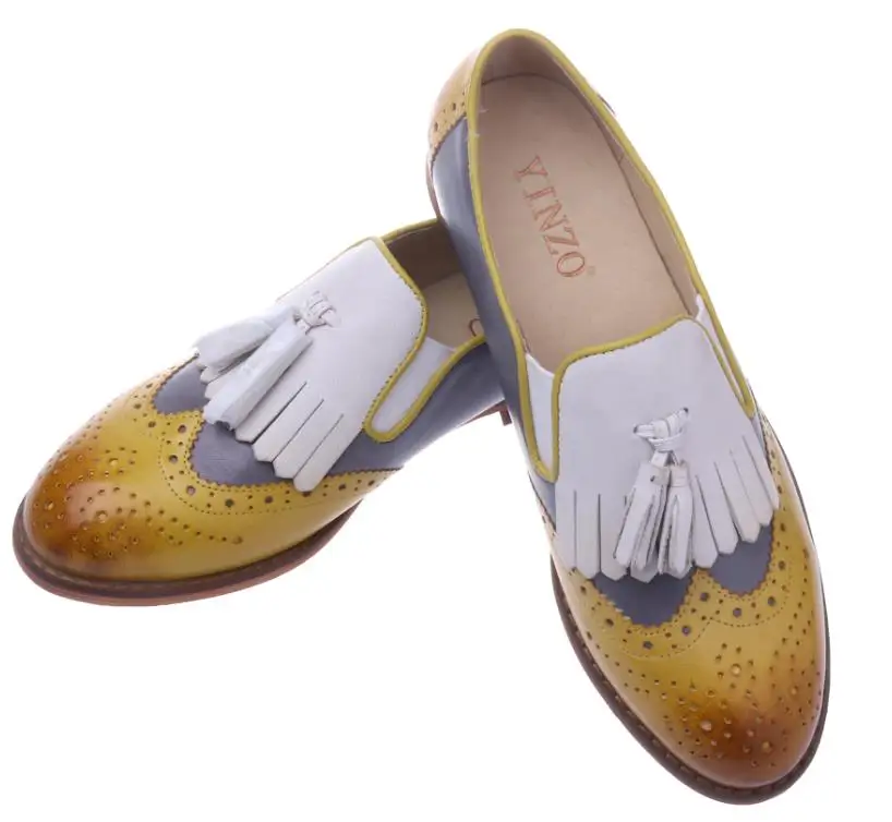 Yinzo бренд Туфли без каблуков в британском стиле оксфорды Обувь для Для женщин из натуральной овечьей кожи Для женщин Ленточки Slip-On Лоферы для женщин Повседневная женская обувь - Цвет: yellow beige