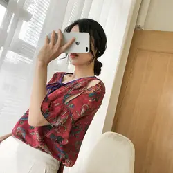100% натуральный шелк блузки цветочный принт расклешенный рукав натуральный шелк офисная блузка Топ для Женская офисная одежда рубашки