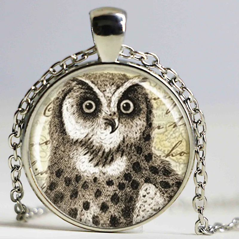 White Snow Owl Photo Cabochon Glass Dome Silver Chain Pendant Necklace
