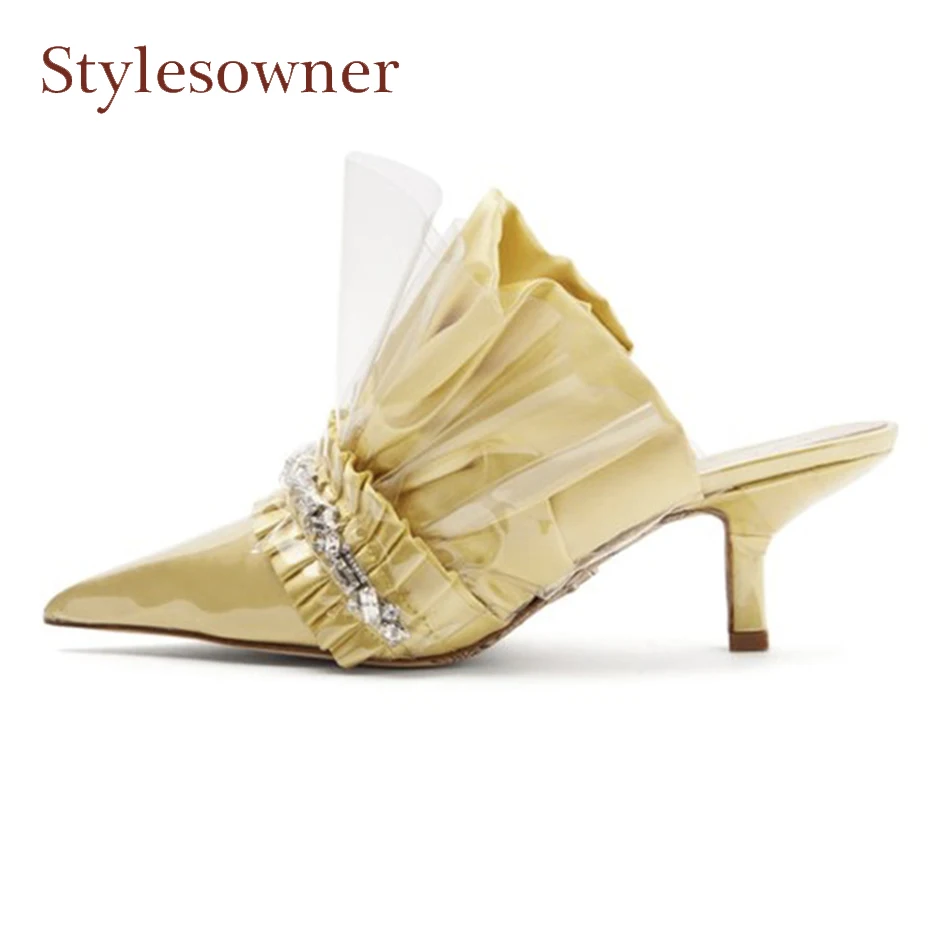 

Stylesowner new design ruffles crystal decor women slippers runway shoes sexy pointed toe thin heel fashion ladies mules shoes