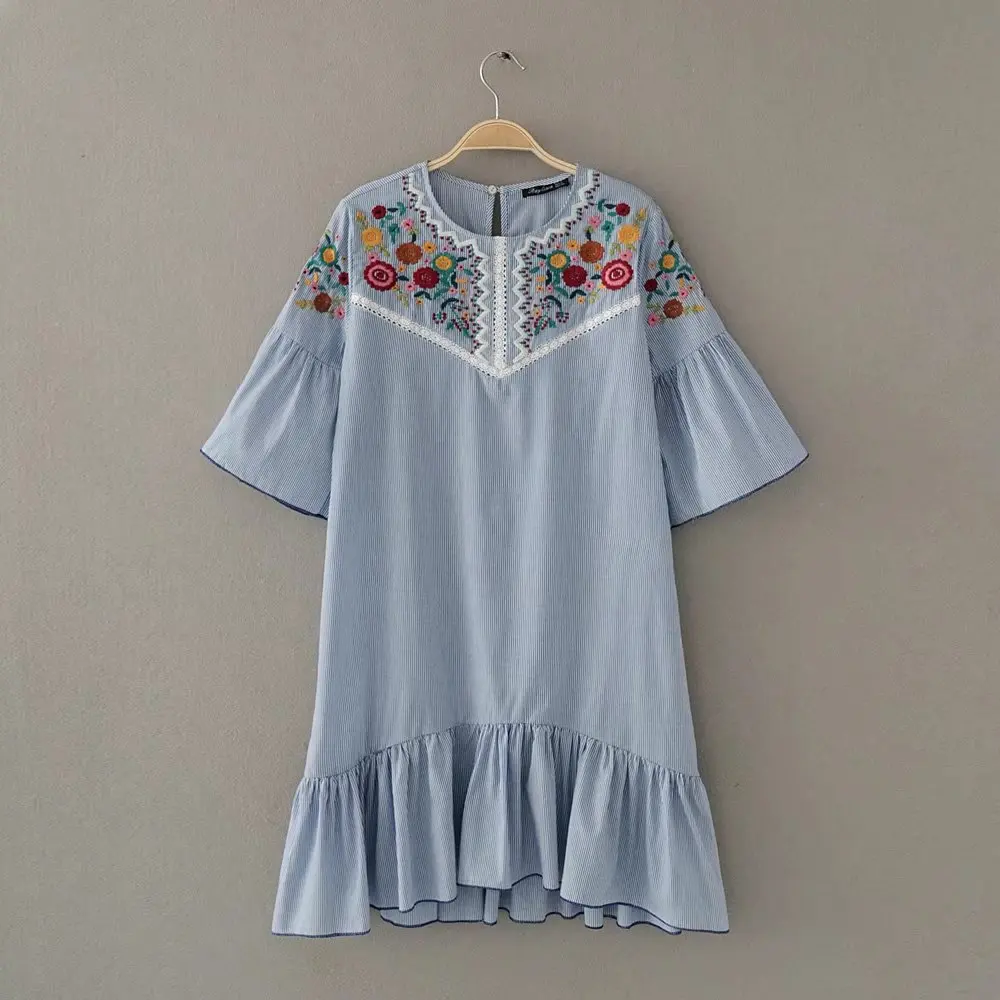 Sexemara женщины sweet оборками цветочные вышивка полосатый dress o шеи половина рукава