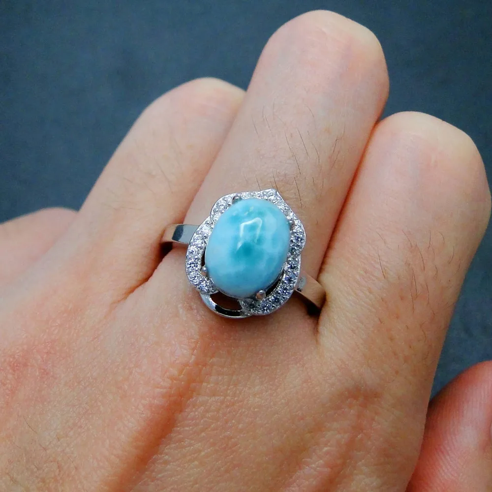 Genuine Larimar Female Rings 8X10MM Blue Crystal Stone Fine 925 Sterling Silver Jewelry Rings Ocean Stone Gemstone Ring Band