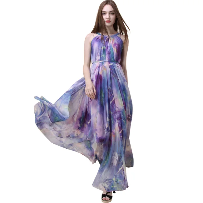 Летнее цветочное длинное шифоновое платье макси платье больших размеров знаменитостей/выпускных/вечерних платьев пляжное легкое платье для подружки невесты - Цвет: Lavender Flowers