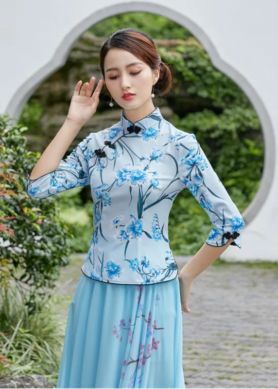 Sheng Coco элегантный Qipao Топ традиционное китайское Ципао Блузка 4XL Королевский синий китайским принтом женская одежда с длинным рукавом