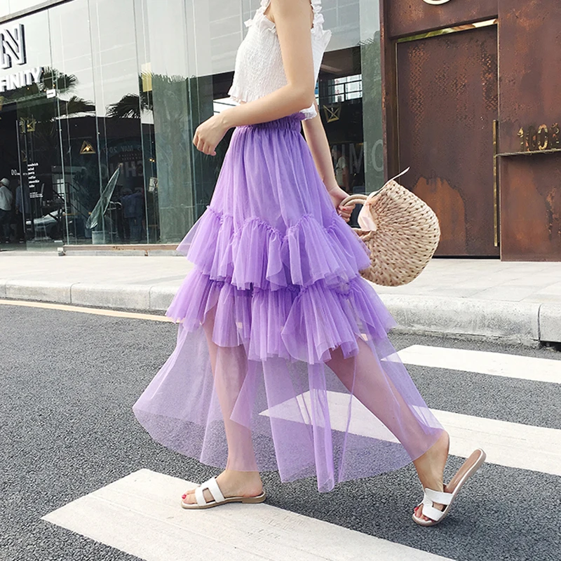 

Princess Midi Tulle Skirt Pleated Tutu Skirts Womens Lolita Petticoat Jupe Saia faldas Irregular Party Skirts