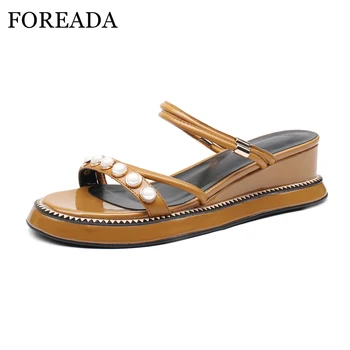 

FOREADA Platform Sandals Genuine Leather Shoes Women Wedges High Heels Summer Casual Pearls Sandals 2018 Slides Sandals Ladies
