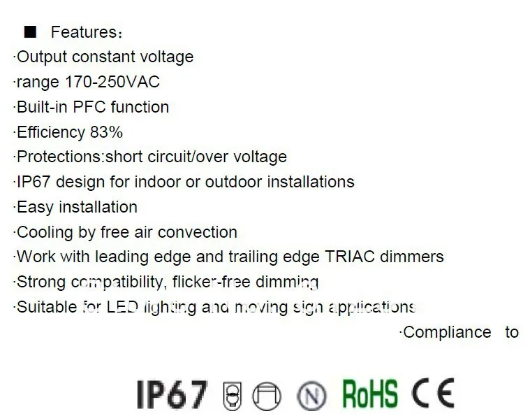 80W IP68 triac dimmable constant voltage led driver,AC90-130V/AC170-265V input,12V/80W output