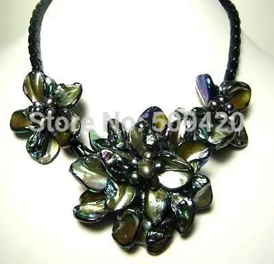 

Free Shipping stunning big handmade baroque shell pearl flower leather necklace 18