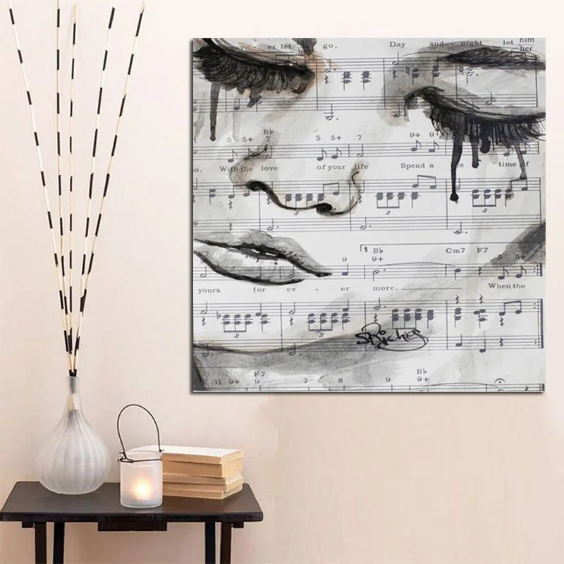 Print Large Crying Girl Face Abstract Figures in Piano Scoreson Oil Painting on Canvas Poster