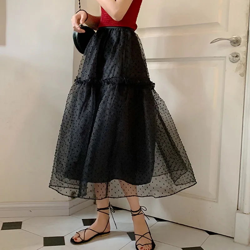 

2 Layers Black Maxi Jupe Femme Elastic Waist Vintage Dot Print Falda Tulle 2019 Autumn Tutu Skirt Womens Long Gothic Party Skirt