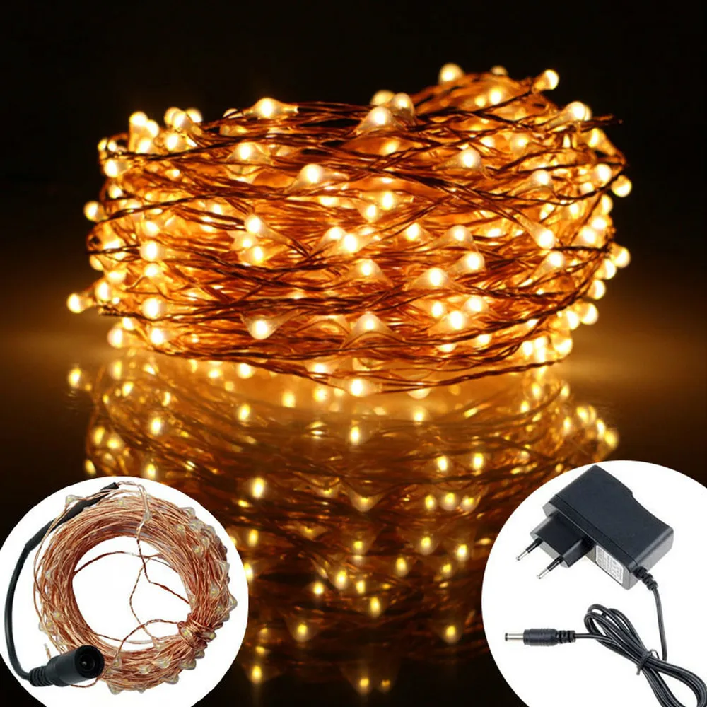 

5M/10M / 20M Led Outdoor Copper LED Light Chain Fairy Lights with Power Adapter for Christmas Wedding Decoration DC Interface