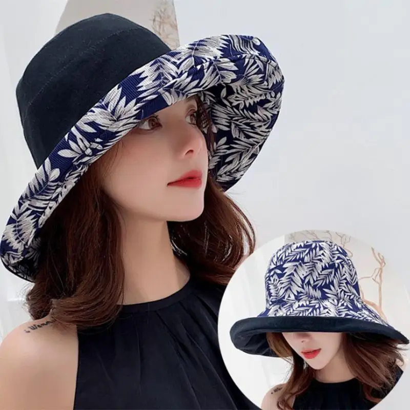 

Japanese Style Womens Summer Beach Cuffed Wide Brim Sun Visor Hat Tropical Leaves Printing Reversible Foldable Floppy Bucket Cap