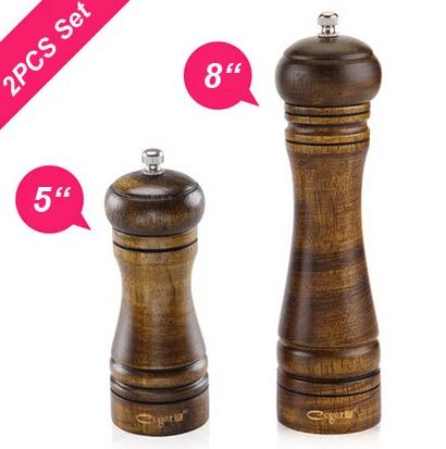 2PCS 5 and 8 Classic Style Wooden Salt and Pepper Mills Grinder Set with Ceramic Core