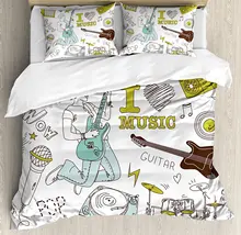 Party Duvet Cover Set I Love Music Themed Sketch Composition Instruments Musician Girl, Decorative 4 Piece Bedding Set