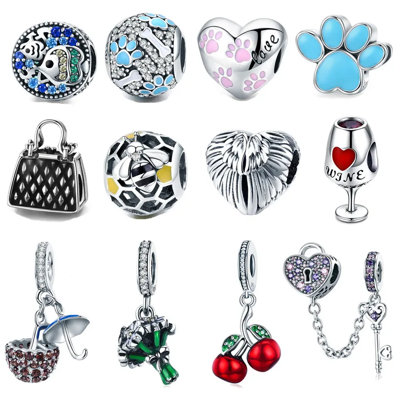 

Real 925 Sterling Silver Cute Bear Paw Angel Wing Beads fit Original Pandora Bracelet Green Flower Red Fruit Fish Charm Gift