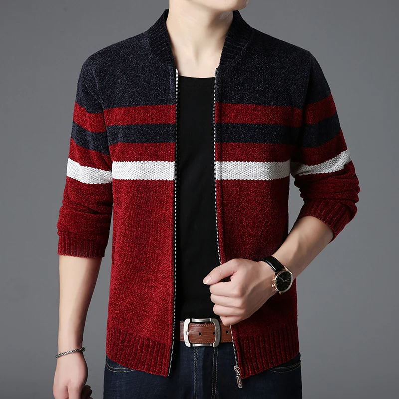 Новинка, модный брендовый мужской свитер Kardigan, в полоску, Облегающие джемперы, вязанные, толстые, зимние, корейский стиль, повседневная одежда для мужчин