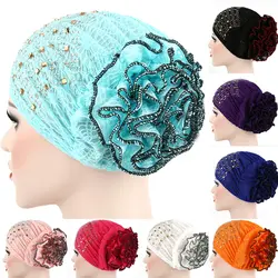 Мусульманский тюрбан головные уборы при химиотерапии берет шарф для головы шапки для дамы кружева Шапочка-бини с цветочным узором WH266