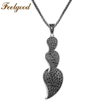 

Feelgood Full Black Cz Crystal Long Leaf Pendant Necklaces Vintage Silver Color Copper Necklace For Women Jewelry Party Gift