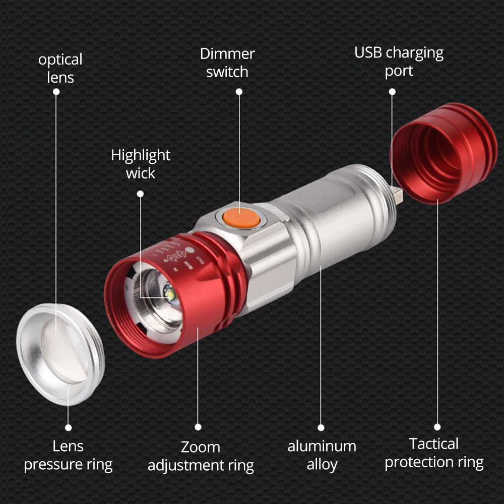 Perfect Bicycle light 4 color LED portable flashlight built-in rechargeable lithium battery USB charging waterproof zoom 3 mode lighting 6
