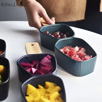 

1pc KINGLANG Nordic Style Ceramic Flavoring Snack Melon Dish Natural Wood Handle Hotel House Tableware