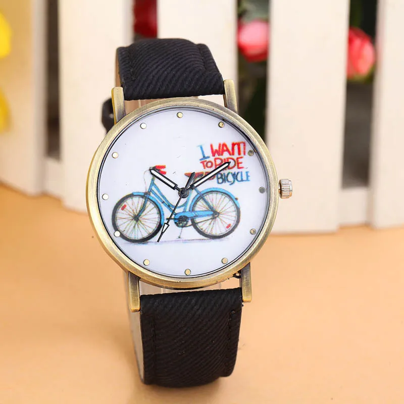 

Creative Fashion Watch Women Girl Fashion Denim Leather Strap Alloy Watch Bicycle Pattern round Quartz Watches