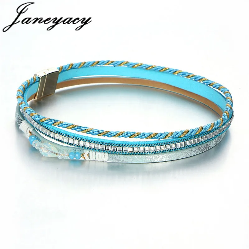 

Janeyacy 2018 Bohemia Beads Crystal Charm Leather Bracelets For Woman Hot Magnetic Buckle Multilayer Bracelet Mulheres Pulseira