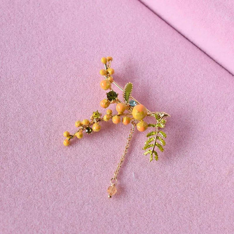

France Dyxytwe Enamel Glaze Copper Plated New Naturally Mimosa Branches Women Brooches
