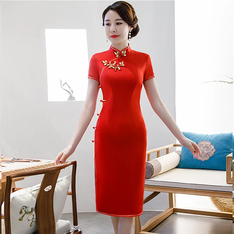 Сексуальная длина до колена Cheongsam летнее винтажное платье в китайском стиле Модные женские вискозные Qipao тонкие вечерние платья с пуговицами Vestido