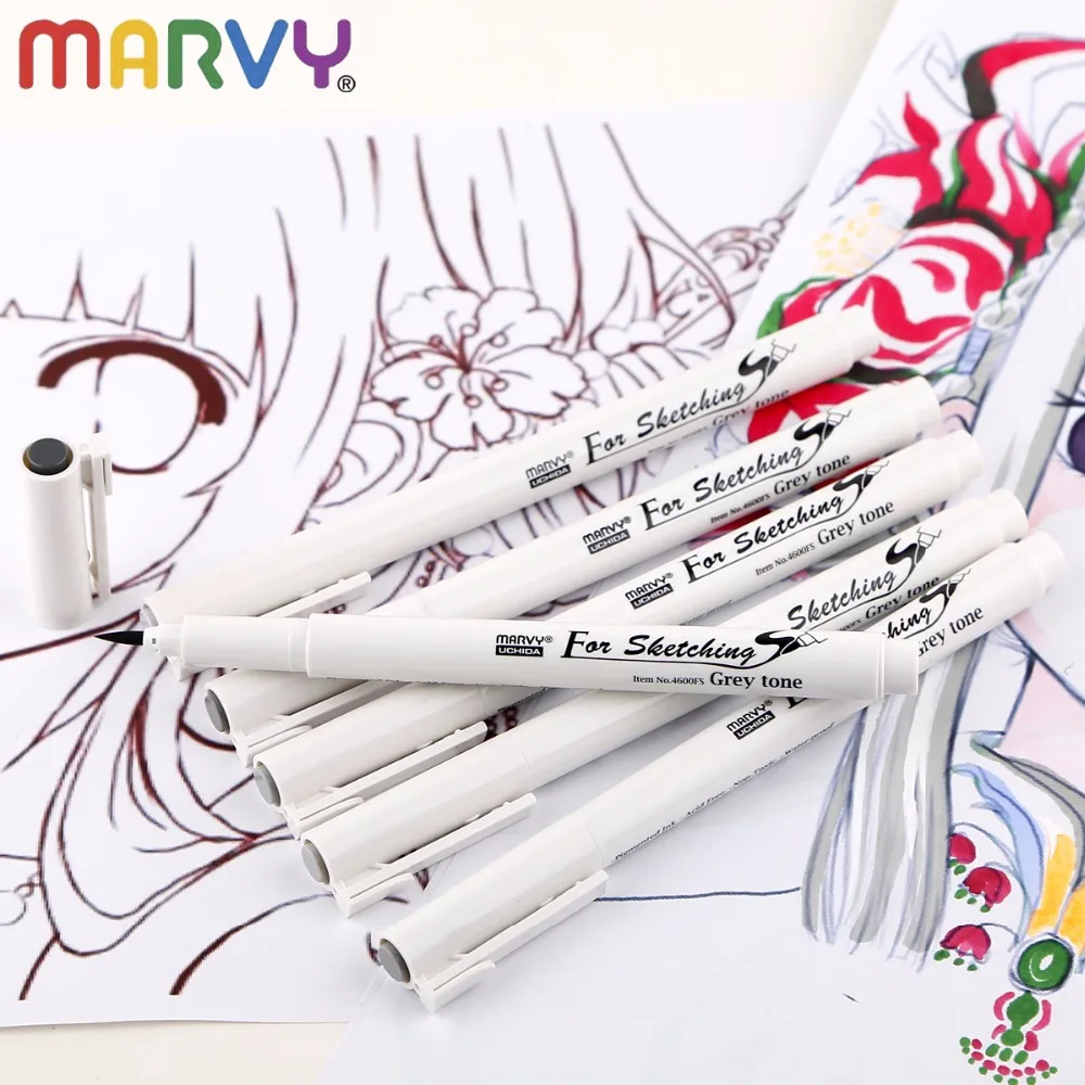 

Black Brown Grey Water Based Brush Markers Marvy Waterproof Pigment Liner Triangular Fineliner Pens for Art Supplies Stationery
