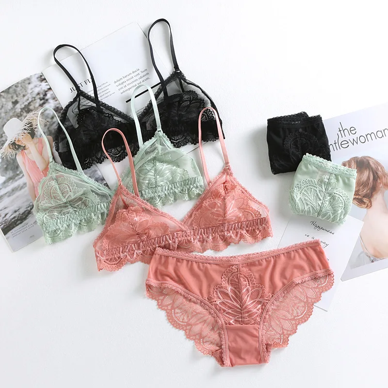 

Full lace ultrathin women sexy bra and panty set wire free ladies sleepwear underwear sets Cup triangle transparent new lingerie