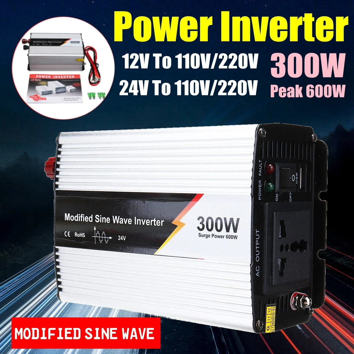 

Modified Sine Wave Power Inverter 300W 600W Peak- 12V/24v to 220v Voltage Converter Transformer Power Supply Solar Inverter