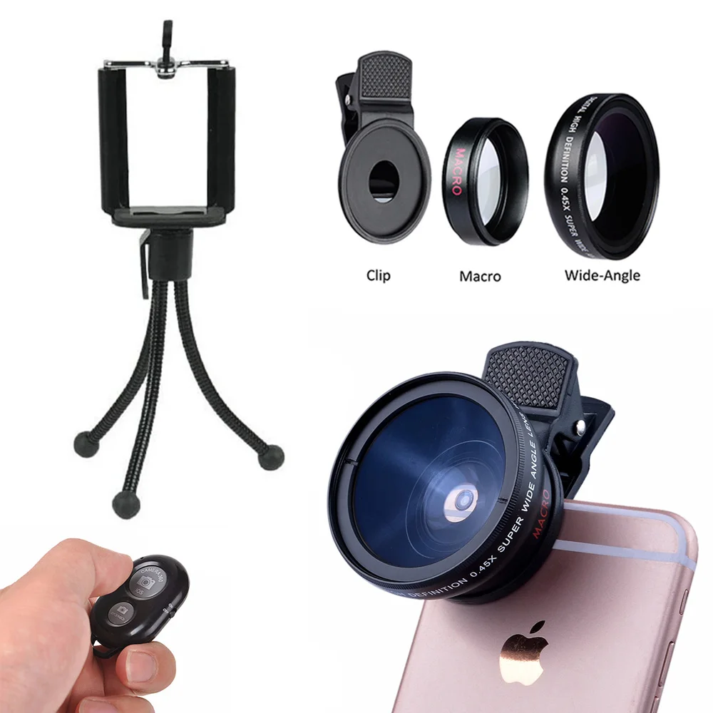 2017 كاميرا عدسة كيت 12.5X ماكرو 0.45X واسعة زاوية Lentes ل هاتف خلوي هاتف ذكي العدسات ل فون 6 7 Xiaomi WithTripod مقاطع