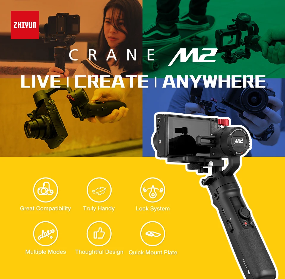 Zhiyun Crane M2 3-Axis Gimbals Compatible for Action Camera, Mirrorless Compact Cameras,Smartphones,Payload：130g- 720g