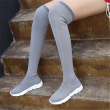 Feiyitu/женские зимние теплые сапоги-носки; Сапоги выше колена из эластичной ткани; женские пикантные высокие сапоги на низком каблуке; женские тонкие сапоги с двумя способами