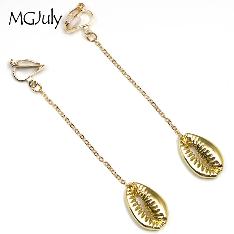 

Cowrie Shell Clip On Earrings No Hole Ear Clips Metal Seashell Earring Without Piercing Simple Women Long Earring CE336