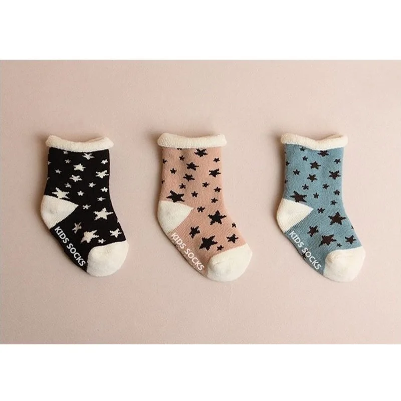 3 pairs baby socks 2016 new winter thick cotton star pattern slip Duantong male baby socks